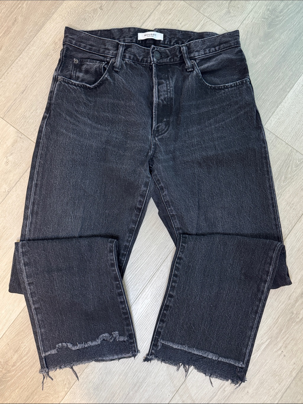 Moussy Black Washed Straight-Leg Jeans With Frayed Raw Step Hem